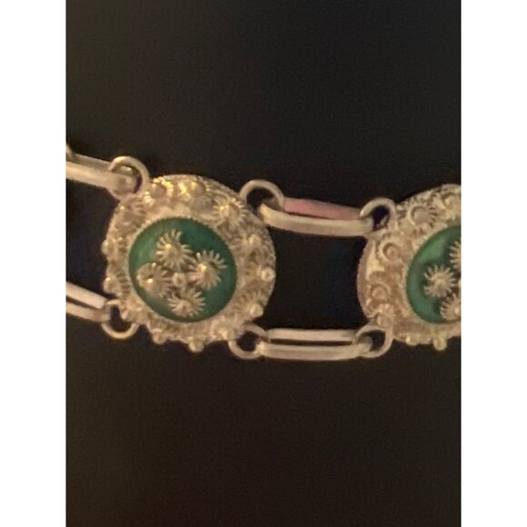 Vintage Van Lou Sterling Silver Link Bracelet Green Enamel Stamped Estate 7" - Picture 2 of 5